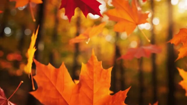 Colorful leaves fall from trees in a forest during autumn as sunlight filters through the branches
