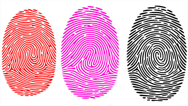 Set of detailed black fingerprint vector icons with various spiral lines and patterns on white background isolated