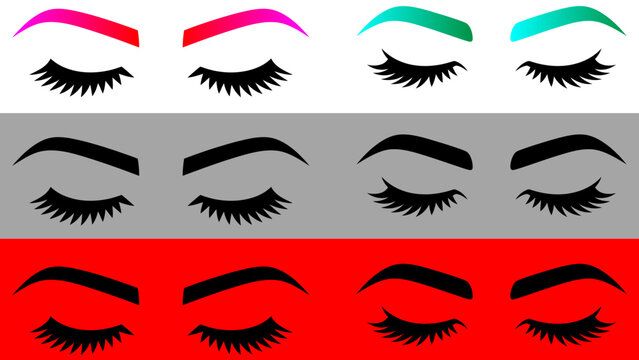 Set of closed female eyes, eyelashes, and eyebrows. Different long beautiful eyelashes