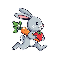 Obraz premium Cute cartoon rabbit running with carrot and tomato, healthy food, happy animal illustration