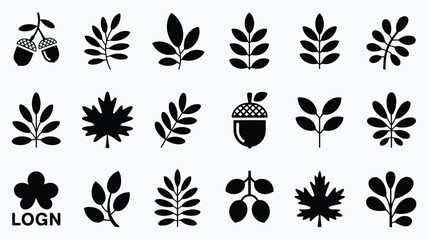 Minimalist autumn leaf and acorn silhouette logo bundle on white background for seasonal branding © Shovon