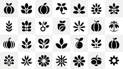Autumn harvest brand mark silhouettes featuring various fruits and leaves on a transparent background for seasonal marketing and packaging © Shovon