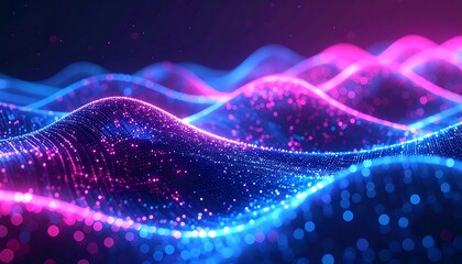 Abstract Digital Waves of Glowing Particles in Neon Blue and Pink.