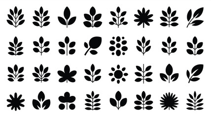Collection of various black leaf and flower silhouettes on white background for design and branding use