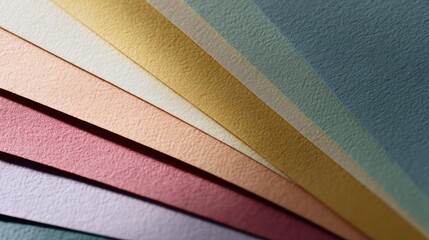 Fototapeta premium Close-up of a stack of colorful paper sheets. the sheets are arranged in a diagonal pattern, with each sheet having a different color - pink, orange, yellow, green, blue, and purple.