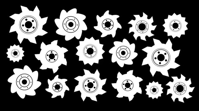 Luxury memphis abstract flower circle logo set .showcasing various designs and tooth counts displayed against a white background .