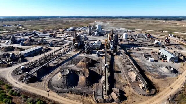 Aerial drone view of a large industrial aggregate processing plant with conveyor belts and stockpiles of gravel and sand under a clear blue sky showcasing heavy machinery and manufacturing operations