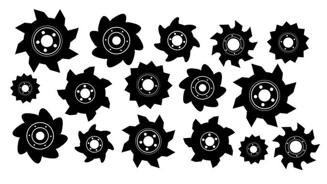 Luxury memphis abstract flower circle logo set .showcasing various designs and tooth counts displayed against a white background .