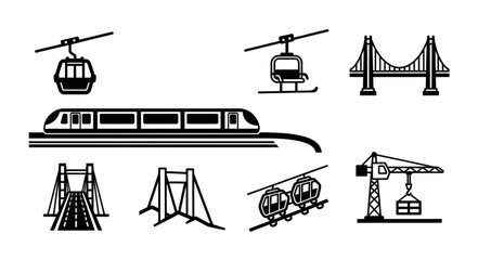 Collection of transportation icons featuring bridges, trains, and cable cars in black and white. © Efan