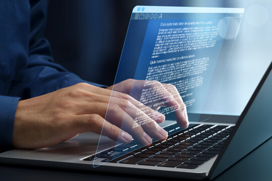 Document writing software. Business text editing and word processing. Businessman typing on laptop computer keyboard.