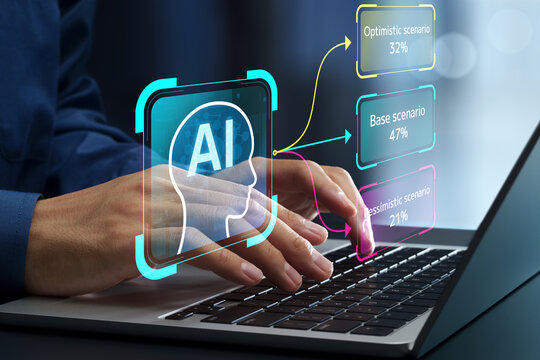 AI scenario analysis and predictive analytics. Risk assessment and simulation. Businessman using laptop computer for forecasting.