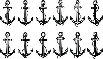 Collection of twelve stylized black anchor illustrations with rope variations, bold nautical designs suitable for logos, tattoos, and maritime artwork © Moshraful