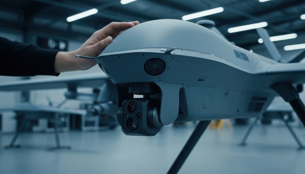 Close-up of a person's hand touching a sophisticated military or surveillance drone with advanced camera technology in a modern hangar.