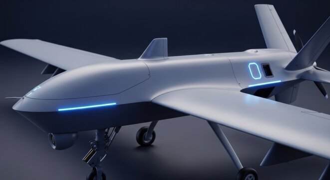 Advanced Unmanned Combat Aerial Vehicle (UCAV) with Luminous Blue Accents, Modern Military Technology Concept