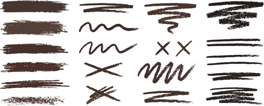Crayon drawn lipstick colored strikethroughs and underlines for text design. Doodle vector straight strokes for hand drawn beauty industry design. Red and pink highlighters and underlines.