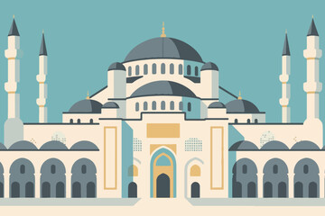Fototapeta premium Illustration Of A Mosque Building With A Tower That Blends With The Mosque And The Blue Sky Vector Design Template