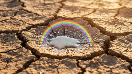 Naklejka premium Rainbow Reflected on Water Puddle in Dry Cracked Earth