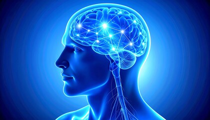 Futuristic Blue Brain with Luminous Nodes and Connections