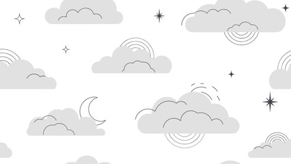 Obraz premium Gray Clouds with Rainbows and Stars Illustration.