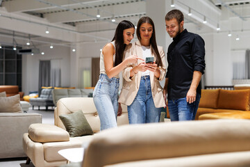 Friends shopping furniture store using smartphone for interior design