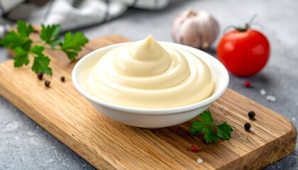 Creamy Mayonnaise in a Bowl with Fresh Ingredients.
