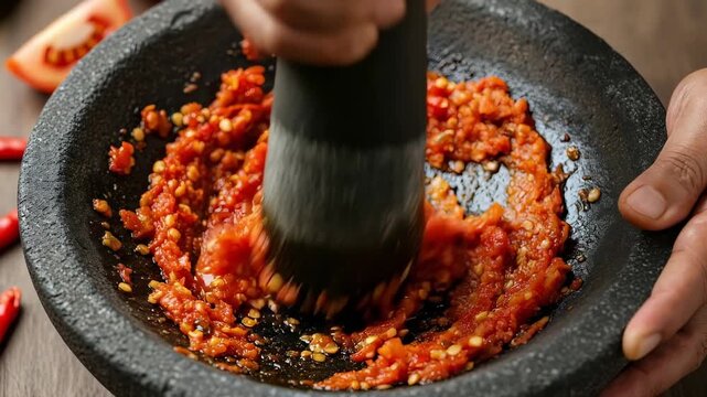 A traditional stone mortar and pestle (cobek) filled with freshly ground sambal terasi, showing the vibrant red color and textured chunks of chili and tomato