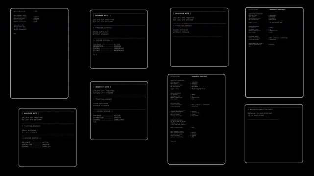 Futuristic terminal style UI overlay displaying fictional artificial intelligence system logs, diagnostics, and boot sequence. Sci-fi HUD interface video overlay template
