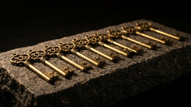Antique Golden Keys Lined on a Rough Stone Surface