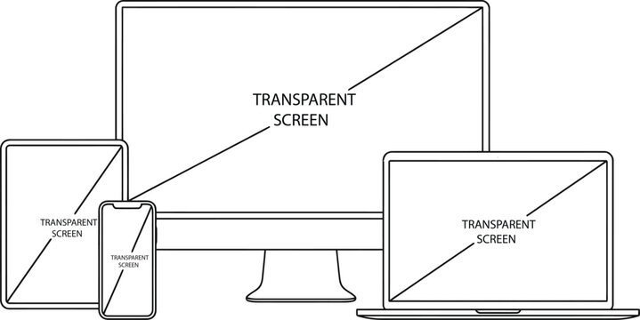 Line art illustration of electronic devices. 
Tablet, smartphone, desktop monitor and laptop transparent screens as indicated by text.