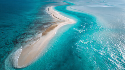 Obraz premium Aerial drone shot of a tropical island sandbar in diagonal composition, dynamic shoreline curves, turquoise ocean contrast.