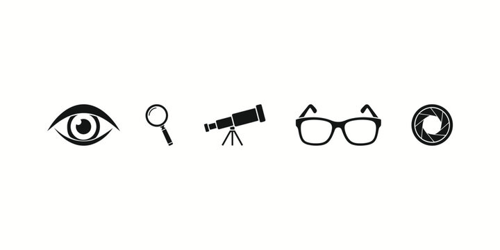 Silhouette of eye magnifying glass telescope and glasses on a white background