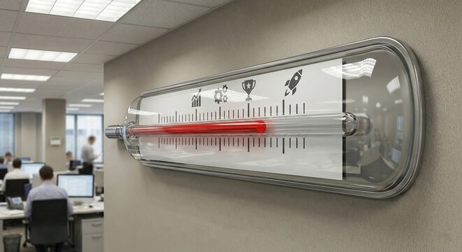 Giant thermometer measuring success in modern office setting with employees