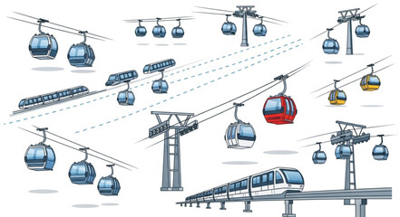 Various cable car systems and elevated train transportations illustrated on white background. © Efan