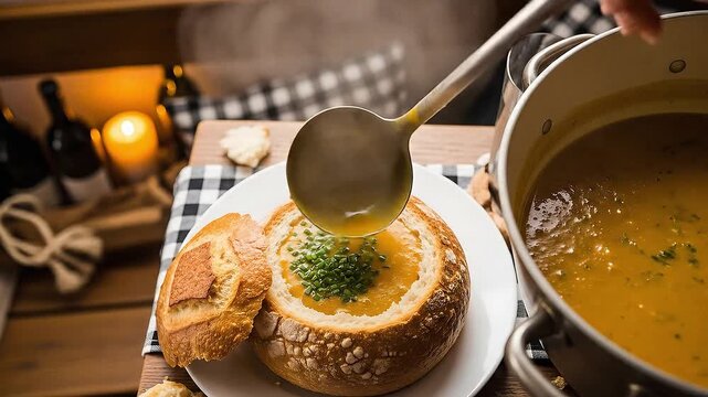 Beautiful overhead shot of a rich, creamy soup being ladled into a hollowed-out, round crusty bread bowl. Garnish of fresh chives