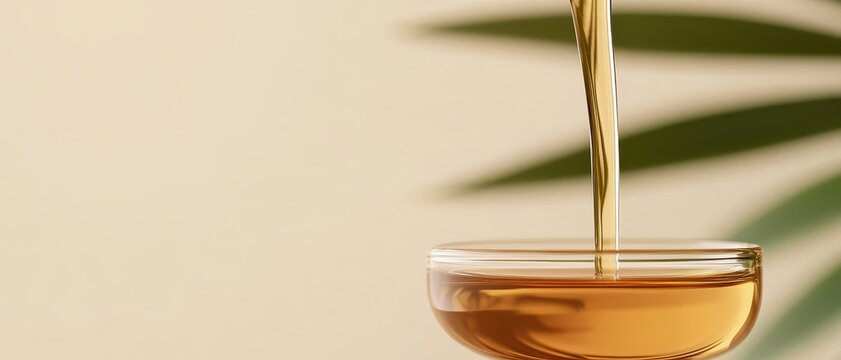 Rich golden liquid stream pours into a clear glass bowl. Natural thick hair oil for healthy coily hair. Smooth beige background, blurred green plants.