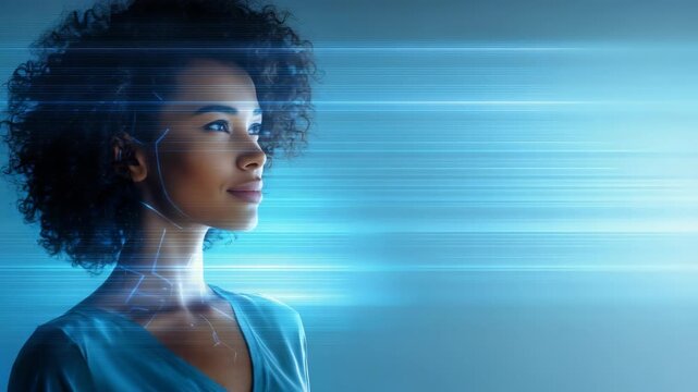 Portrait woman with glowing blue digital lines, facial recognition patterns, representing AI, advanced technology. Conveys innovation, progress, future human machine interaction