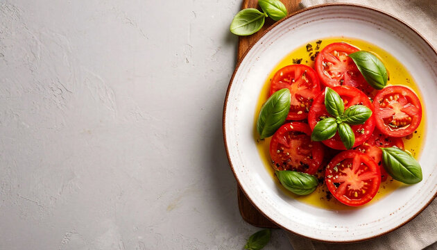 Fresh tomato salad featuring ripe red tomato slices, fresh basil leaves, and a generous drizzle of extra virgin olive oil. Perfect for Mediterranean cuisine, food blogs, recipe sites, and healthy 