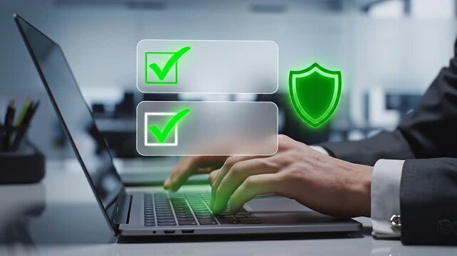 Business professional typing on a laptop with glowing digital security and checklist icons symbolizing data protection and successful task completion