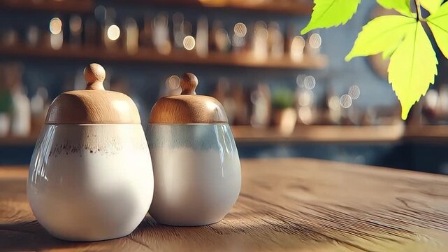 A warm and inviting scene featuring ceramic containers with wooden lids, perfect for home decor or lifestyle photography.