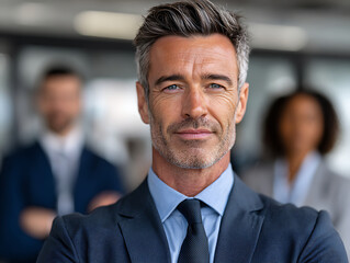Fototapeta premium Business Meeting With a Smiling Man in Formal Attire and Two Blurred Colleagues in the Background at a Modern Office
