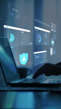 woman analyst uses a computer AI artificial intelligence and dashboard for data business analysis and Data Management System with KPI and metrics connected to the database for technology finance, ai