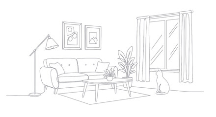 Naklejka na ściany i meble Cozy Living Room Scene with a Cat Enjoying the View.