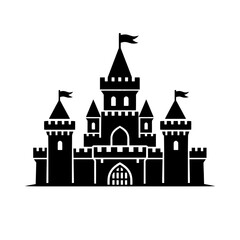 Fototapeta premium Majestic black silhouette castle icon, perfect for fantasy, medieval, and fairy tale themes. A royal fortress emblem with towering turrets, battlements, and flags, symbolizing ancient history and nobl