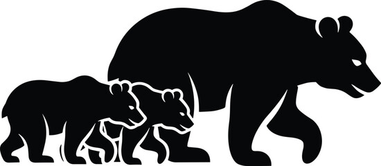 Black vector silhouette of a large grizzly mother bear walking alongside her two small cubs for forest wildlife nature conservation and animal family branding © MstRupali