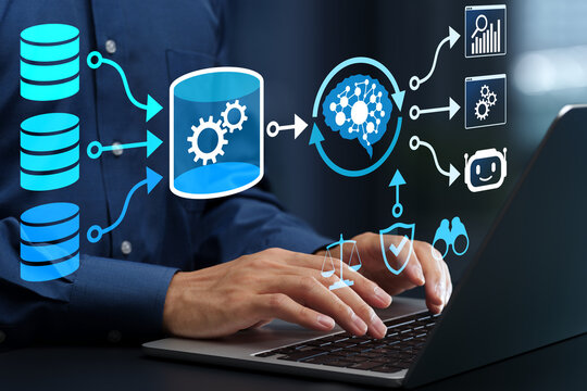 AI architecture. System integration of data pipelines, machine learning models and operational components. Businessman using AI application on laptop computer.