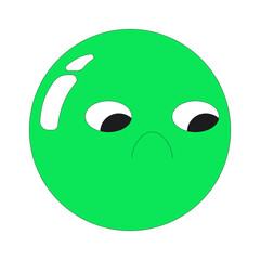 Fototapeta premium Funky sad green emoji face 2D cartoon character. Circular unhappy expression with drooping eyes. Downcast look. Upset emoticon flat vector personage isolated on white. Spot illustration colorful