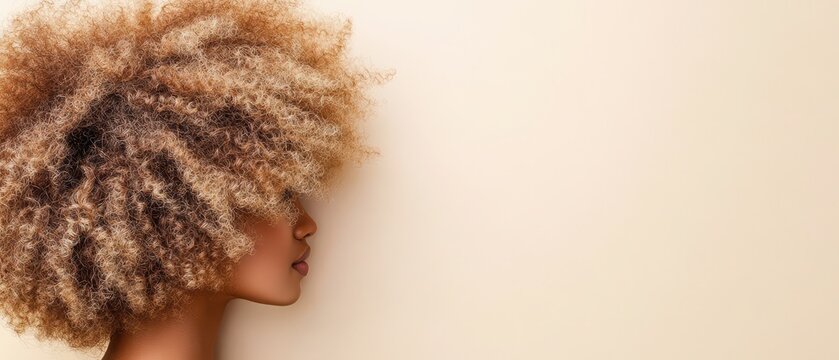 Young woman side profile portrait with voluminous, natural coily hair styled outwards against a light neutral background.