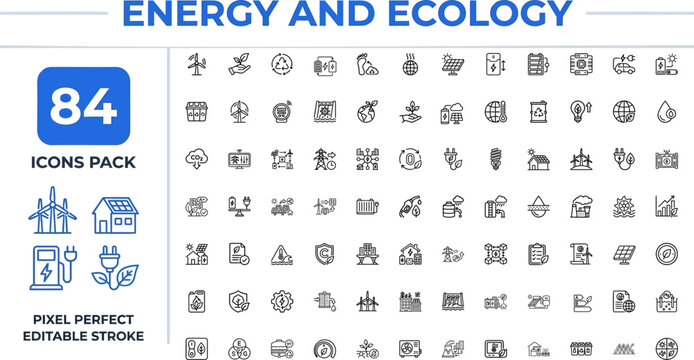 Energy and Sustainability Outline Vector Icon Set &mdash; Renewable Power Ecology EV Charging and Green Technology Editable Stroke Icons for App UI