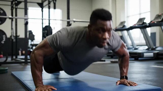 Man doing push-ups in gym with exercise mats and gym equipment around
