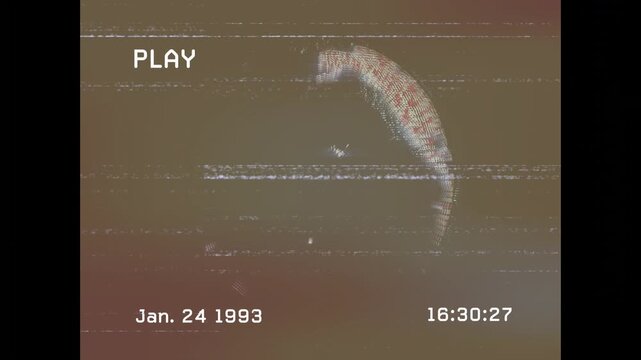 Dot globe rotating on PLAY, dots smearing reforming while timecode incrementing centering Eurasia